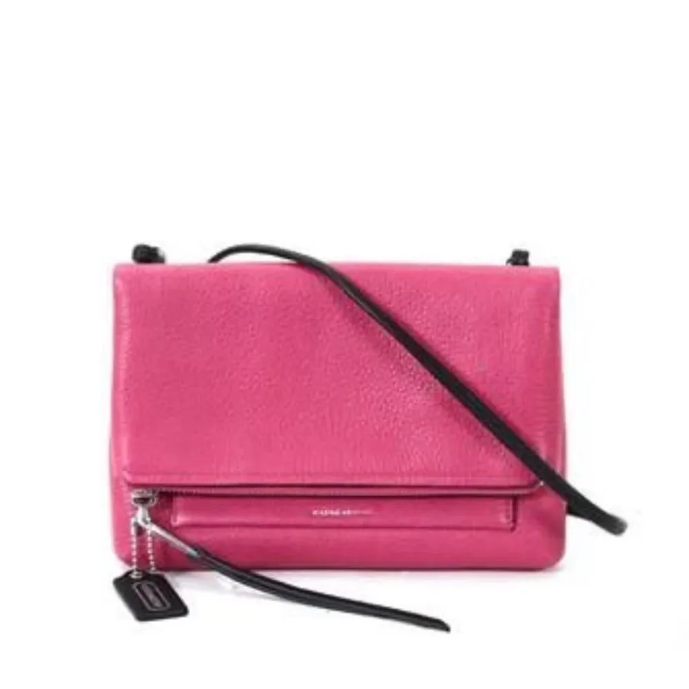 Coach Urbane Fuchsia Pink Black Fold Over Crossbody Bag Silver Hardware